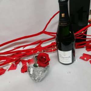 ROSE STABILISEE DANS SON COEUR DE VERRE ET CHAMPAGNE